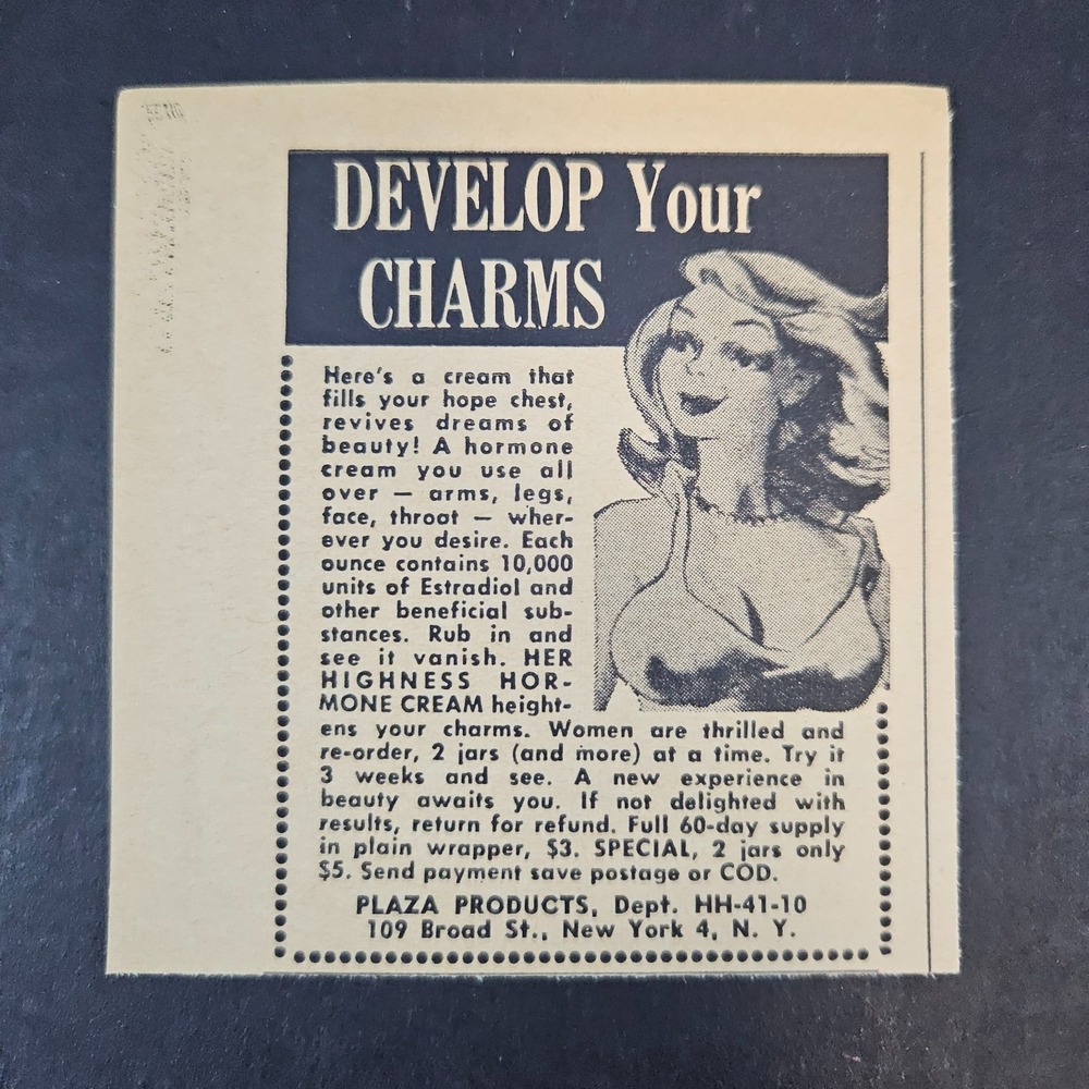 1964 Plaza Products Quack Medicine Cream Vintage Print Ad Develop Your Charms NY